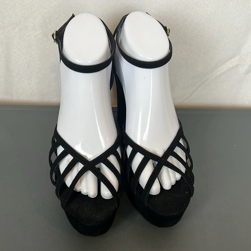 Mango Black Strappy Platform Heels Size 39 (US 8.5) Ankle Cuff Peep Toe - Picture 2 of 14